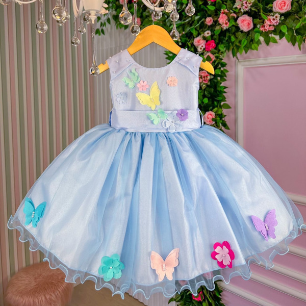 Vestido Princesa Belli Anabel Jardim Encantado Azul Bebe
