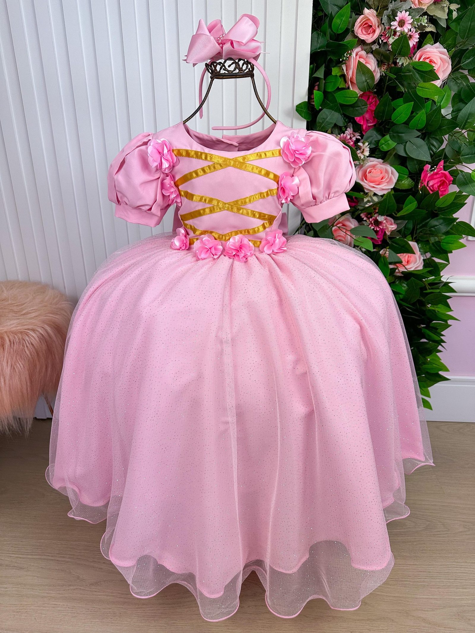 Vestido Bella Child/Fantasia Longa Princesa Rosa Bebe