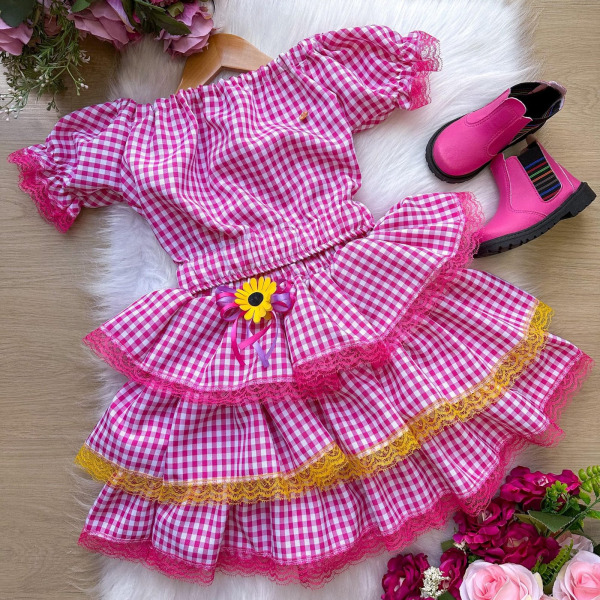 Conjunto Junino Banana Club Luxo Gabriela Xadrez Pink