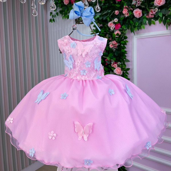 Vestido Marie Jardim das Borboletas Rosa Bebe Viviane