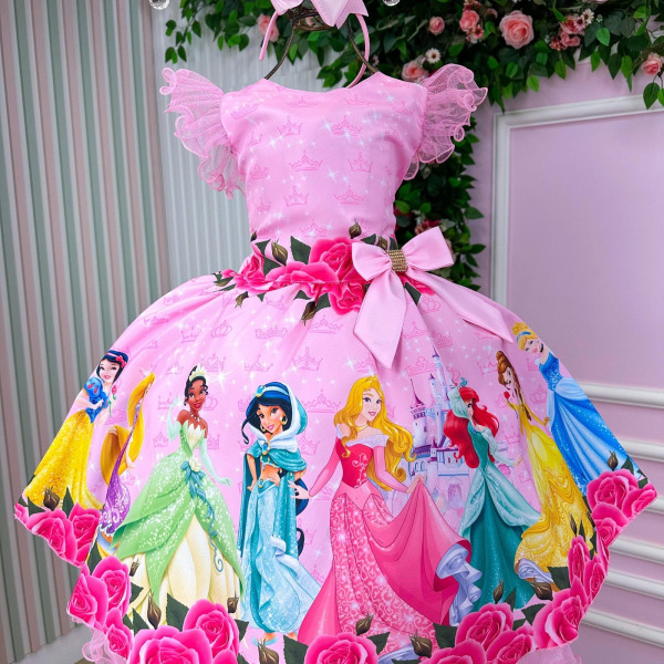 Vestido Tematicos Luxo Princesas Disney Rosa Manga Tule
