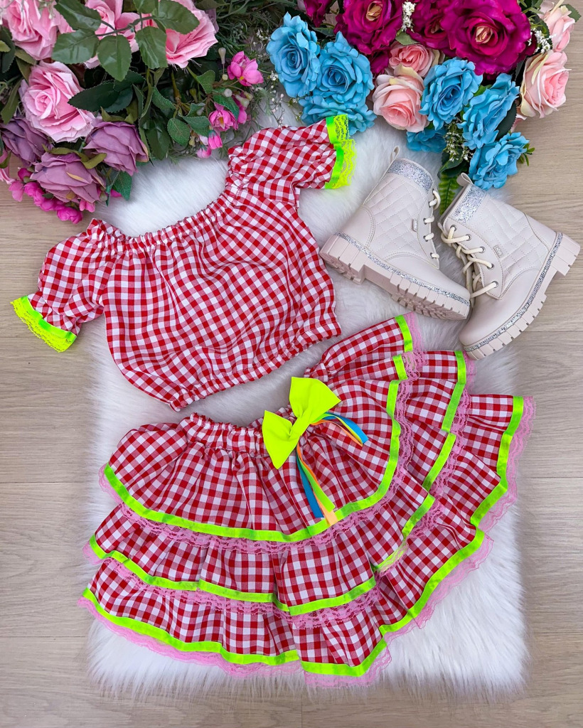 Conjunto Junino Banana Club Luxo Sofia Xadrez Vermelho