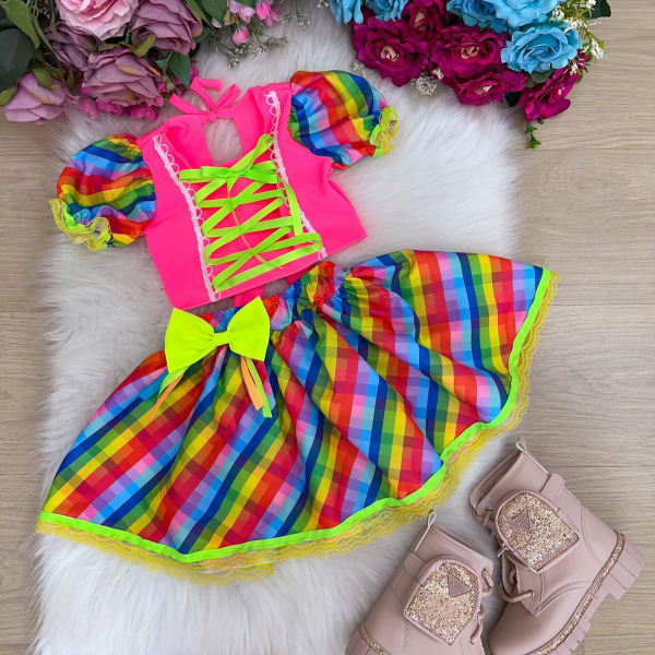 Conjunto Junino Banana Club Luxo Manu Rosa Neon