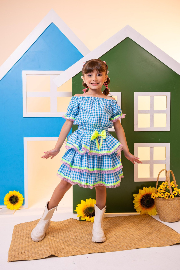 Conjunto Junino Banana Club Luxo Sofia Xadrez Azul