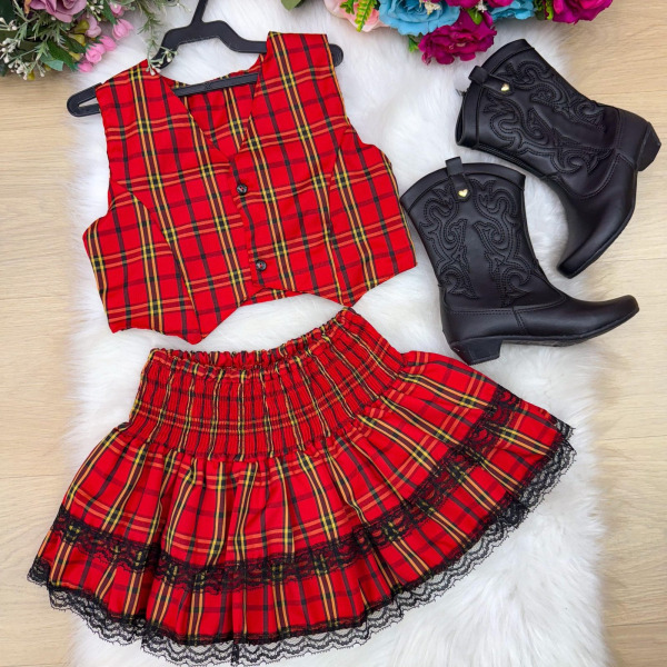 Conjunto Junino Miss Cherry Melissa Xadrez Vermelho