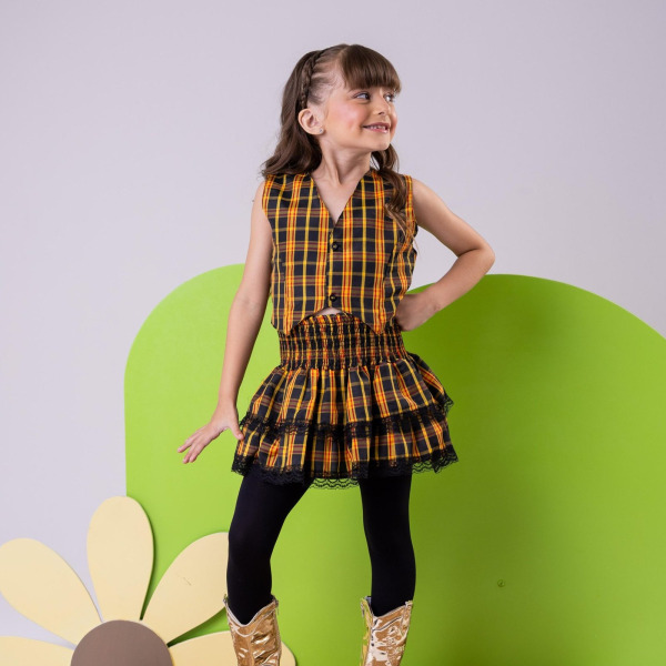 Conjunto Junino Miss Cherry Melissa Xadrez Amarelo