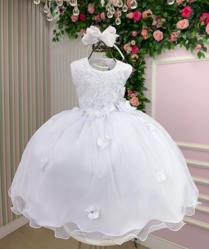 Vestido Vila Lele Bebe Sarah Flores Branco