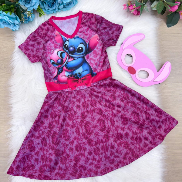 Fantasia Menina Stitch e Angel Rosa