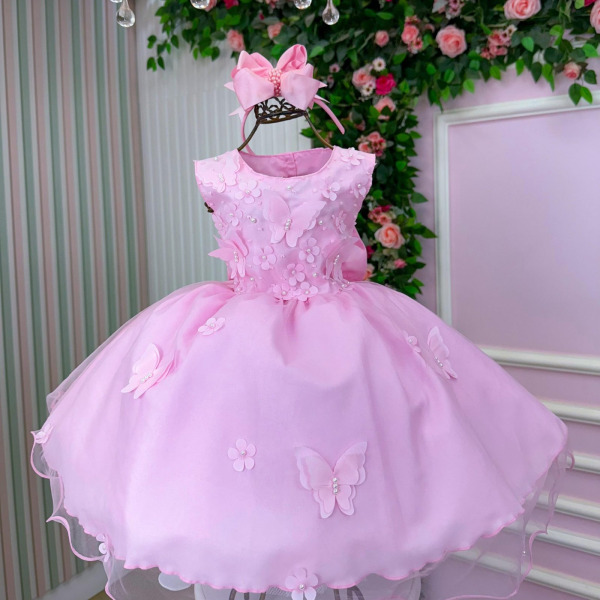 Vestido Marie Jardim das Borboletas Rosa Bebe Viviane Modelo 2