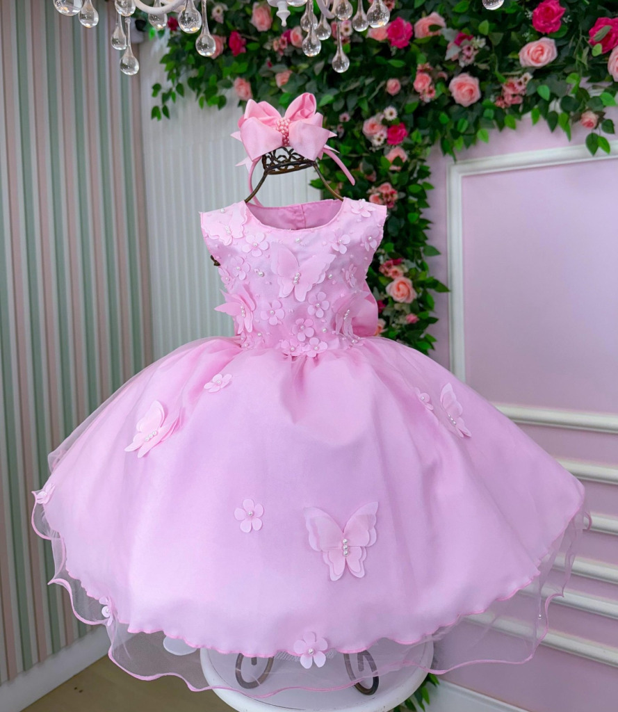 Vestido Marie Jardim das Borboletas Rosa Bebe Viviane Modelo 2