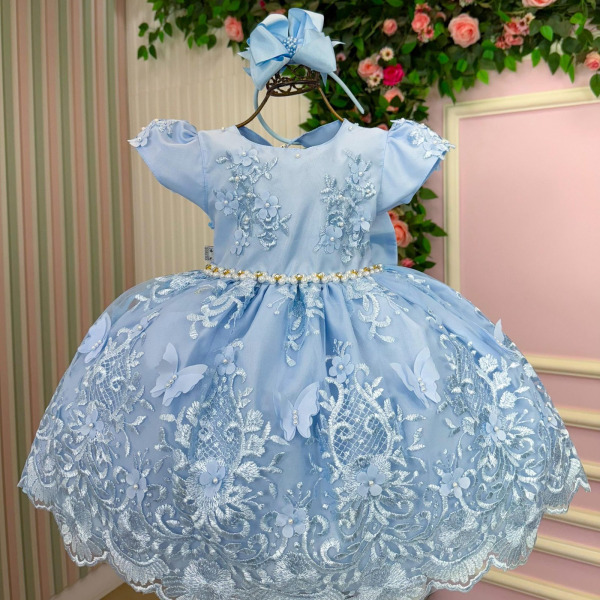 Vestido Marie Jardim Encantado Realeza Azul Bebe