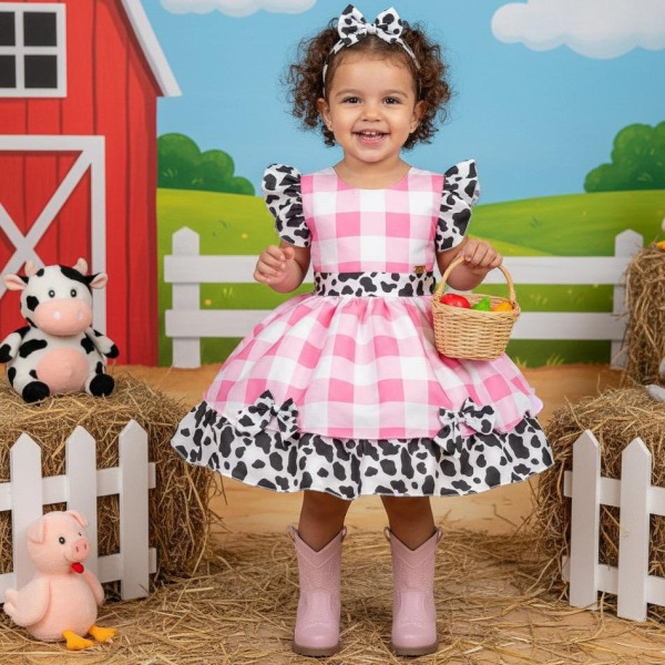 Vestido Tematicos Kids Fazendinha Rosa Vaquinha