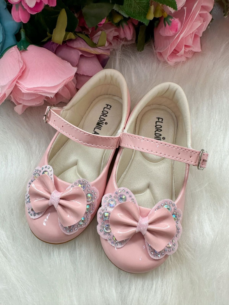 Sapatilha Flor Di MIla Baby Rosa Lacinho Strass