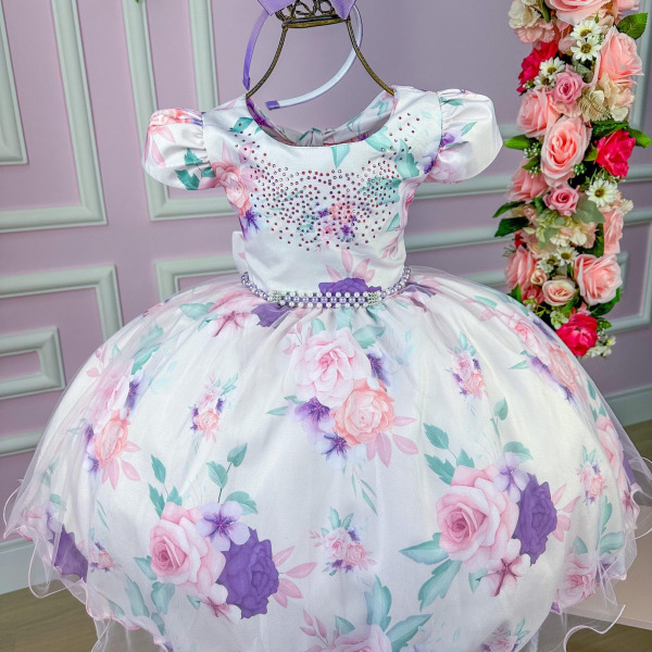 Vestido Bella Child Catarina Juvenil Off Flores Lilas