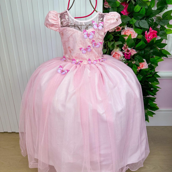 Vestido Vila Lele Longo Jardim Encantado Borboletas Rosa Bebe