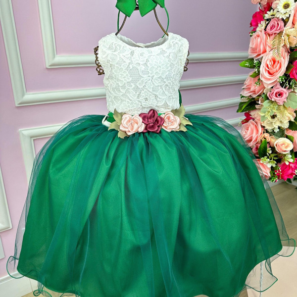 Vestido Juvenil Vila Lele Ivete Peito Off e Saia Verde Bandeira