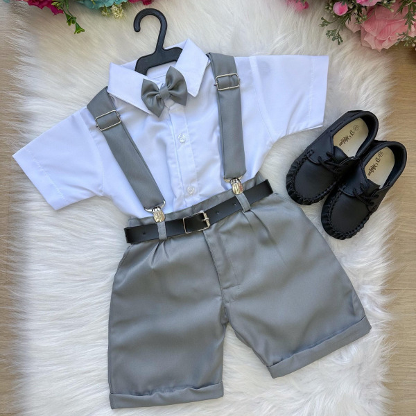 Conjunto Miss Cherry Meninos Social Shorts Ravi Cinza