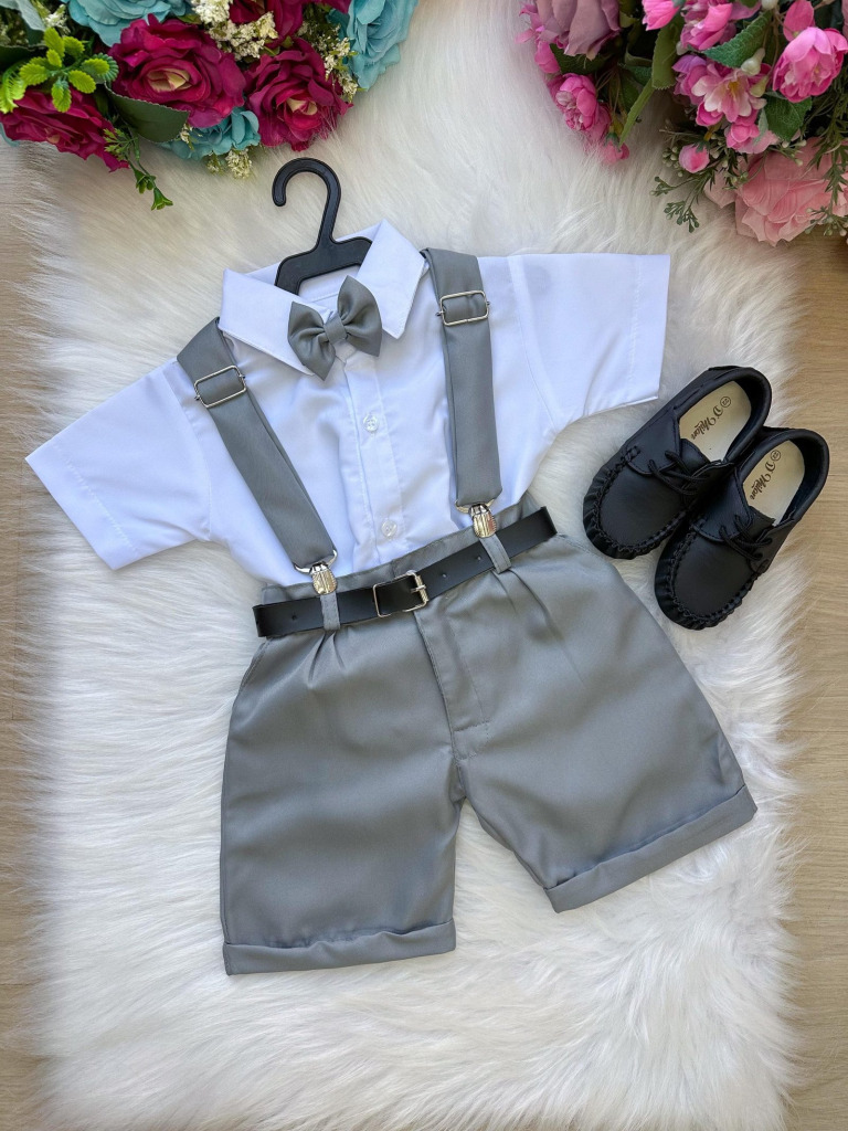 Conjunto Miss Cherry Meninos Social Shorts Ravi Cinza