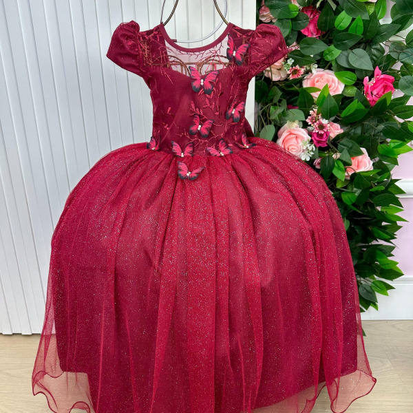 Vestido Vila Lele Longo Jardim Encantado Borboletas Marsala