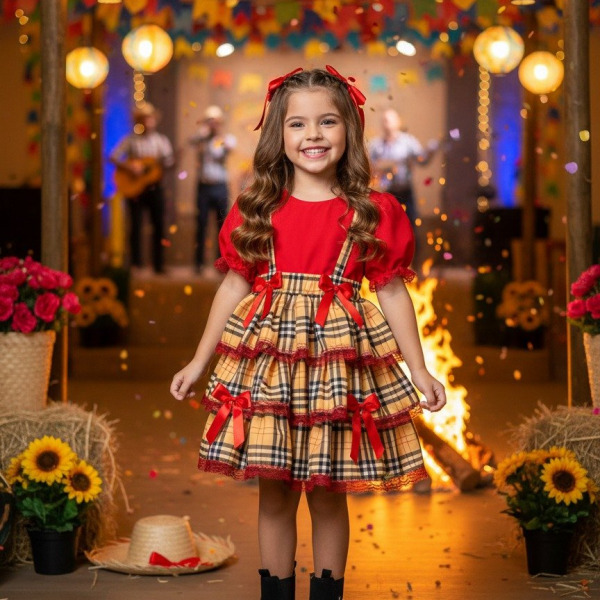 Conjunto Junino Banana Club Luxo Camisa Vermelha Encanto Caipira