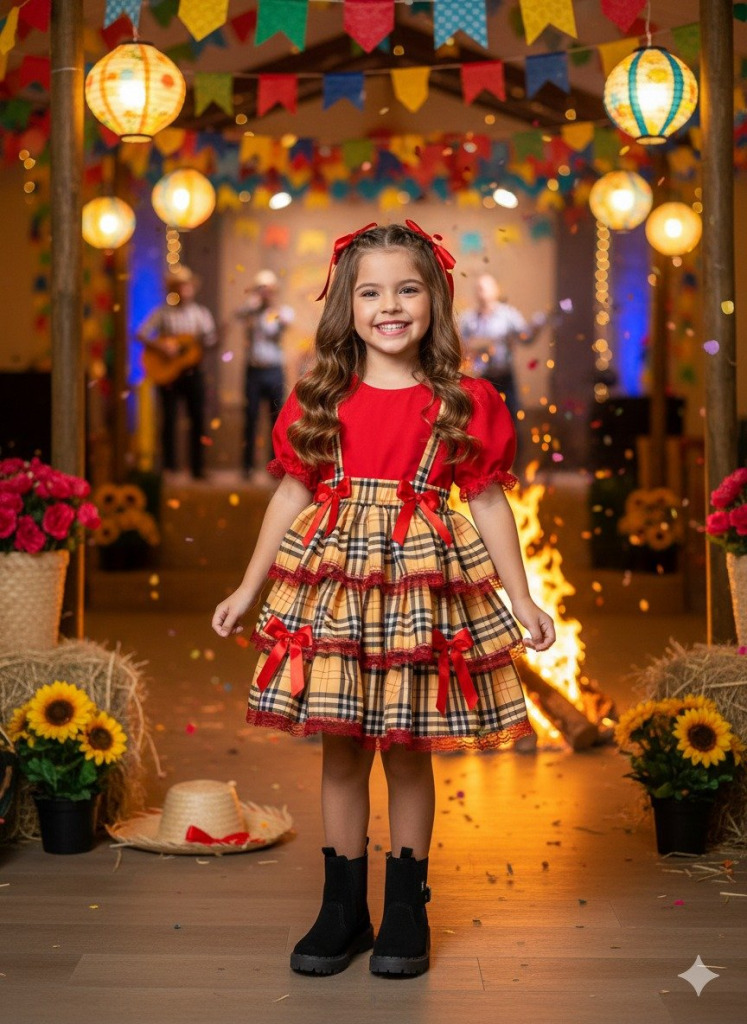 Conjunto Junino Banana Club Luxo Camisa Vermelha Encanto Caipira