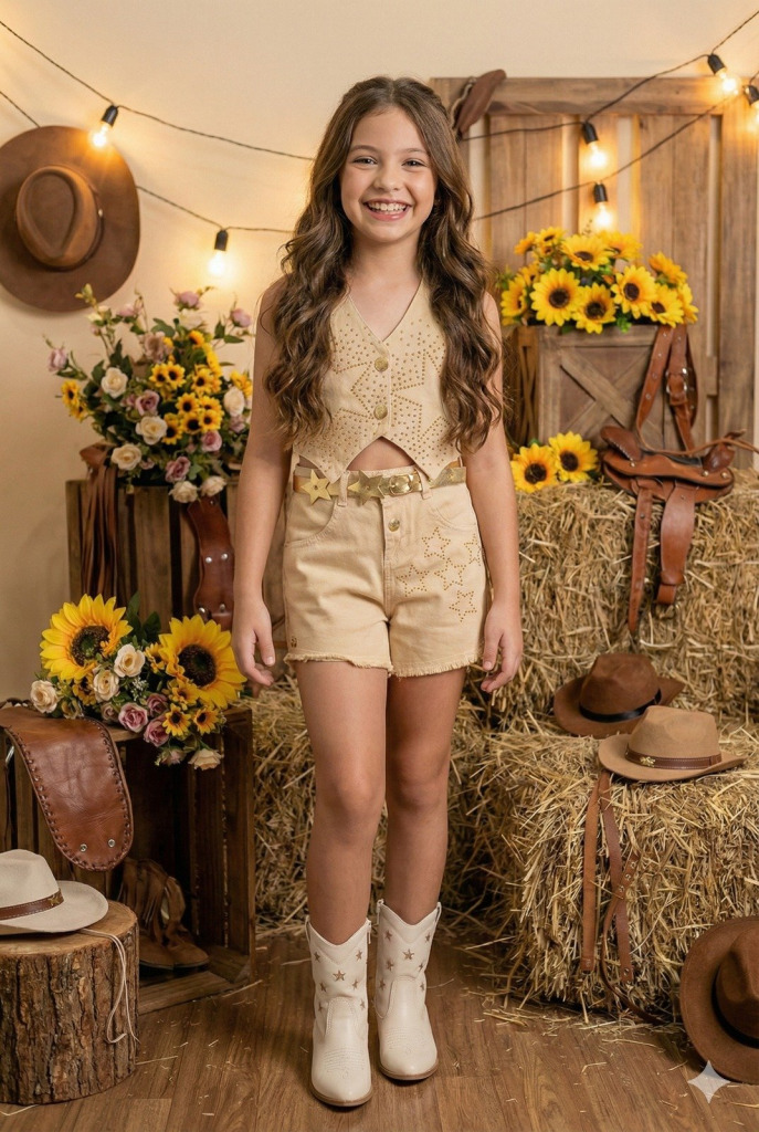 Conjunto Blogueirinha Boiadeira Estrelada Dourado