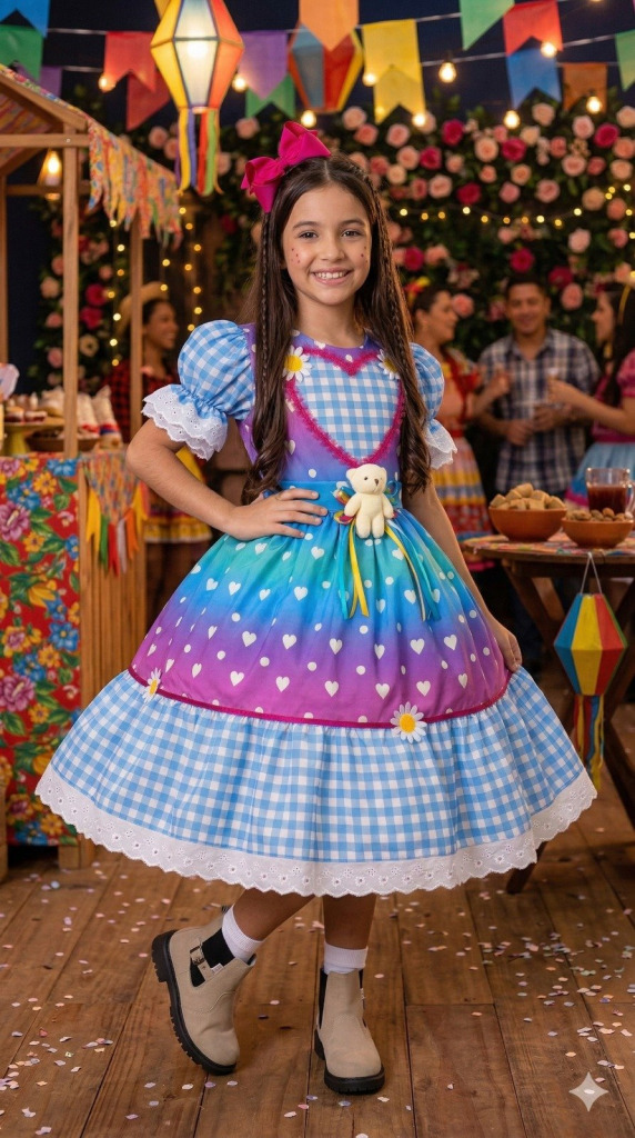 Vestido Marie Junino Luxo Ursinho do Sertão Azul