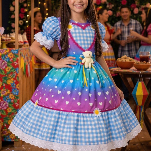 Vestido Marie Junino Luxo Ursinho do Sertão Azul