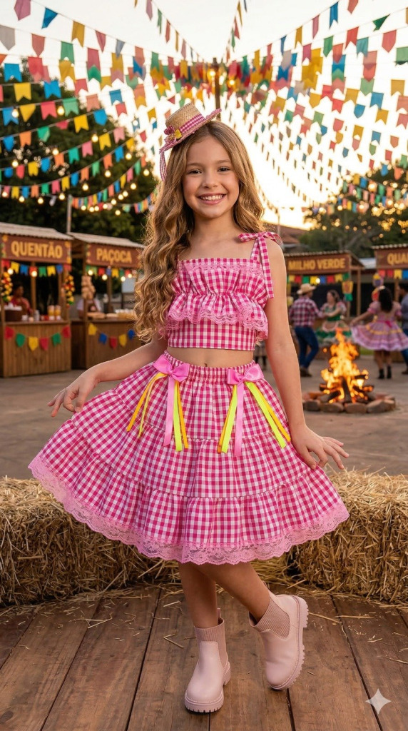 Conjunto Junino Banana Club Luxo Charme do Arraiá Rosa