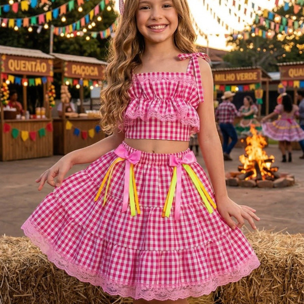 Conjunto Junino Banana Club Luxo Charme do Arraiá Rosa