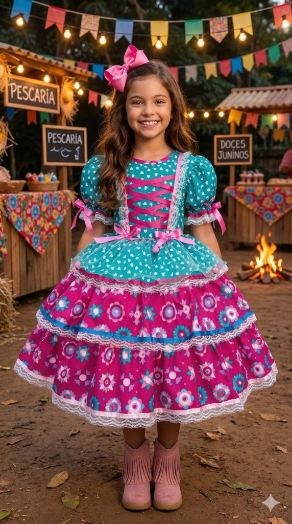 Vestido Bella Child Junino Arraiá Encanto do Interior Verde