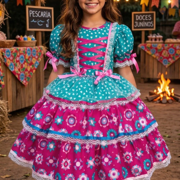 Vestido Bella Child Junino Arraiá Encanto do Interior Verde