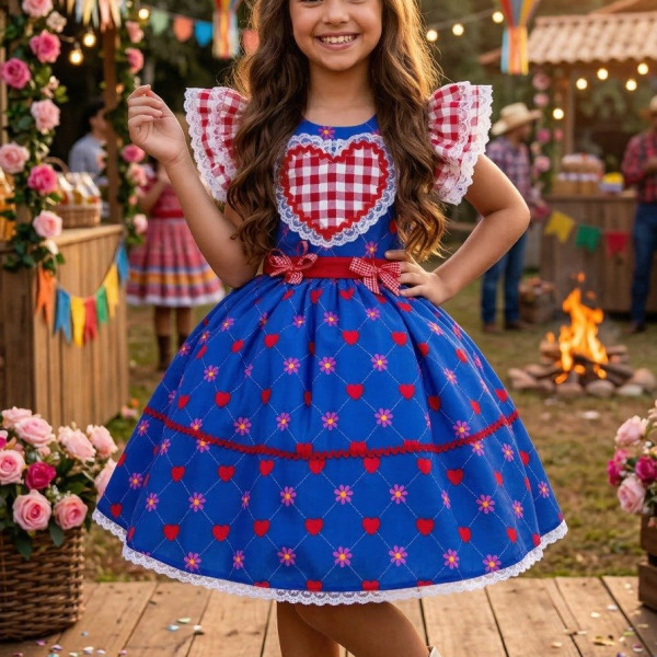 Vestido Mini Miss Junino Sertão Amor Caipira Azul Royal