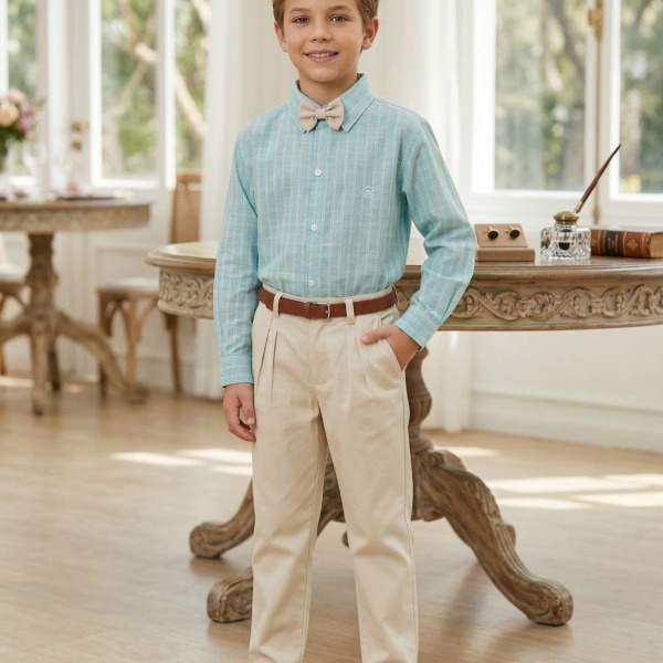 Conjunto Social Miss Cherry Henrique Verde Calça Bege