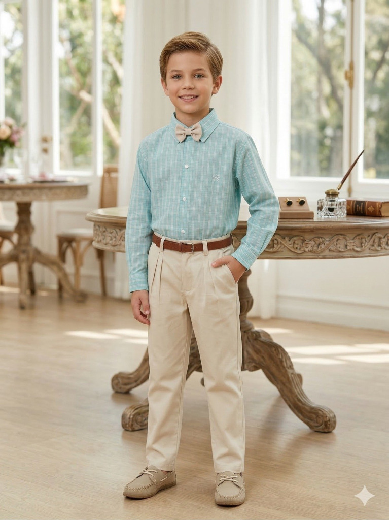 Conjunto Social Miss Cherry Henrique Verde Calça Bege