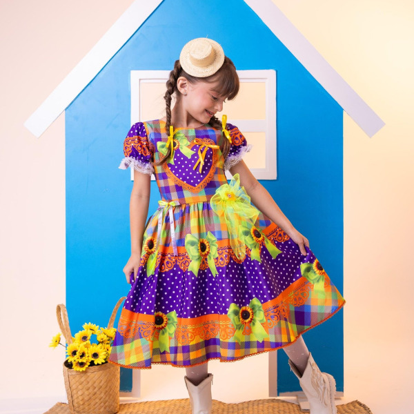 Vestido Marie Junino Luxo Arraia do Coração Roxo