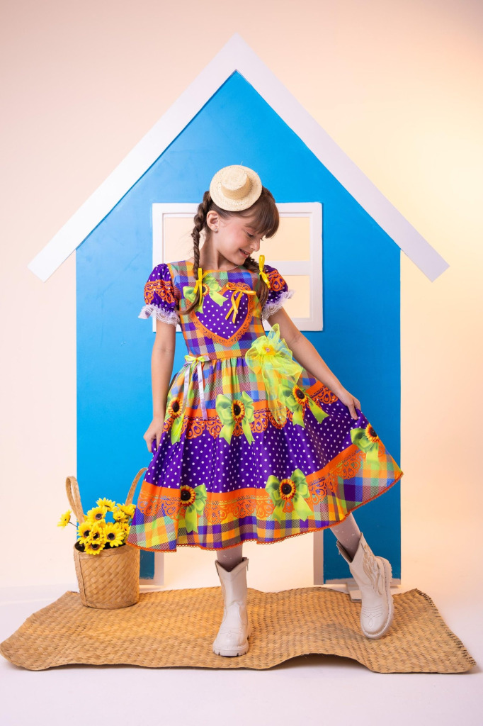 Vestido Marie Junino Luxo Arraia do Coração Roxo