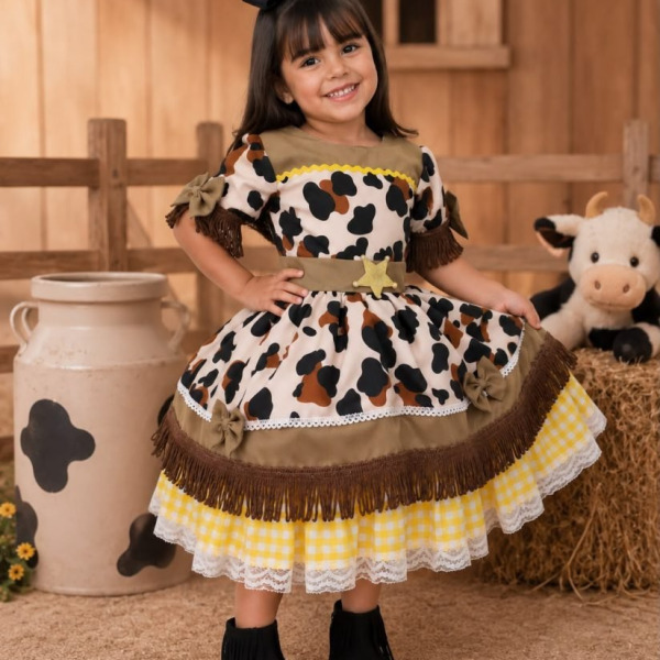 Vestido Tematicos Kids Doce Mimosa Marrom – Fazendinha – Vaquinha